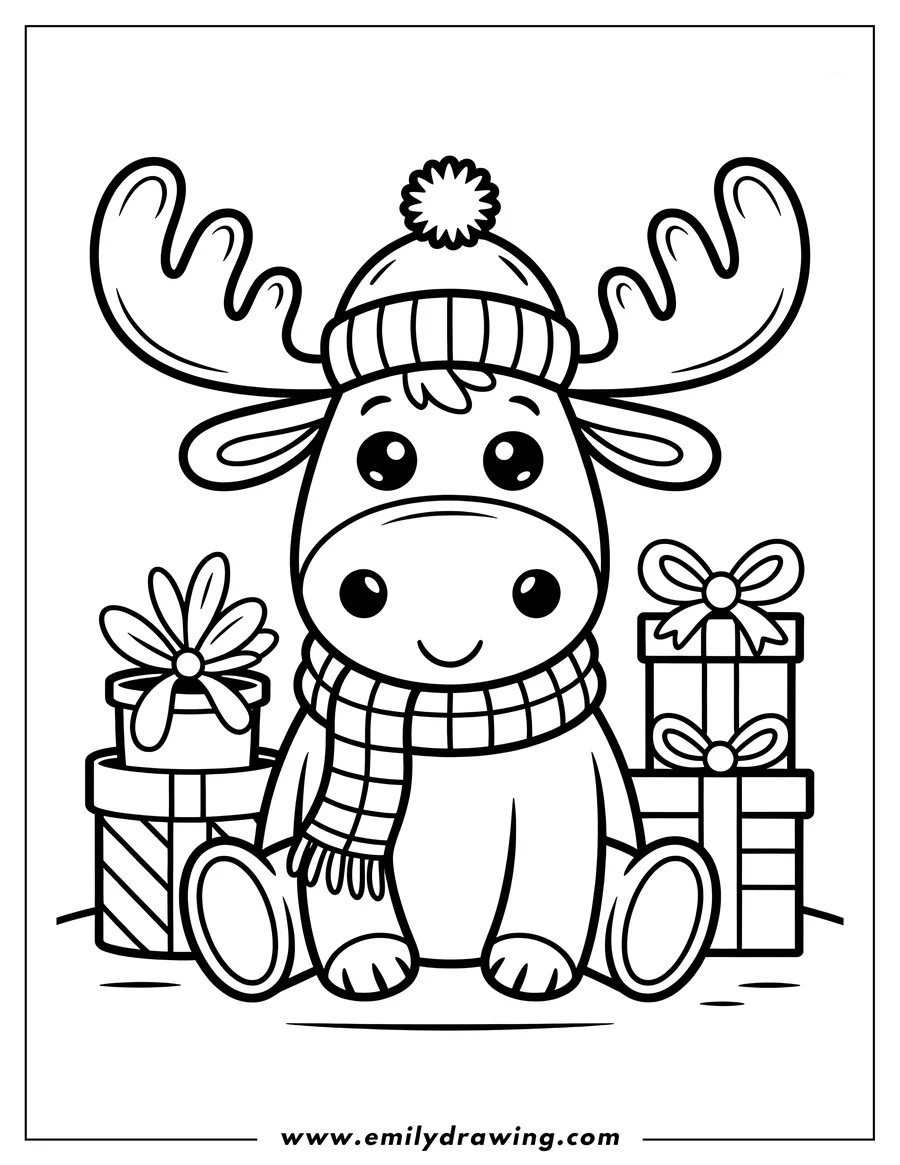 Outline of a moose wearing a winter hat and scarf, sitting with Christmas presents. One present has a flower on top.