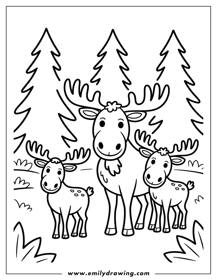 Outline of a moose family with two calves standing in a forest setting with stylized trees.