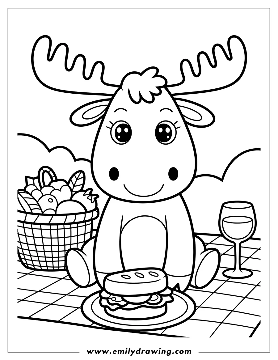 Outline of a moose having a picnic with a sandwich, a glass of juice, and a basket of fruit.