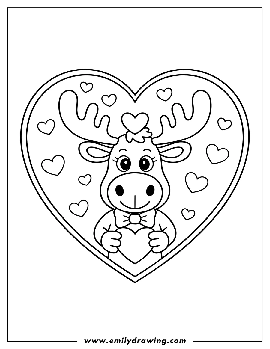 Outline of a friendly moose holding a heart, positioned within a larger heart shape adorned with smaller hearts.