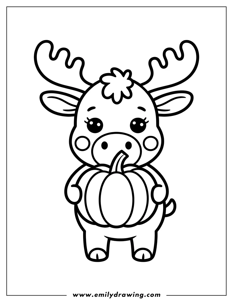 Outline of a moose holding a pumpkin. It has large antlers and is looking at the viewer.