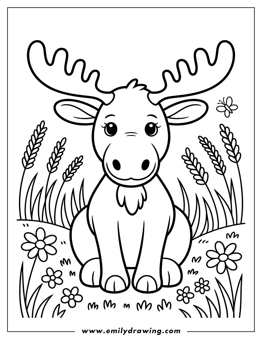 Outline of a moose sitting in a field with flowers, grass, and a butterfly.