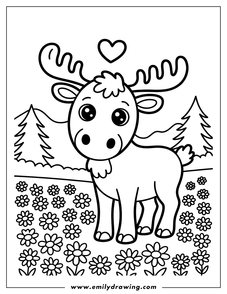 Outline of a moose standing in a meadow filled with flowers. There are trees and mountains in the background.