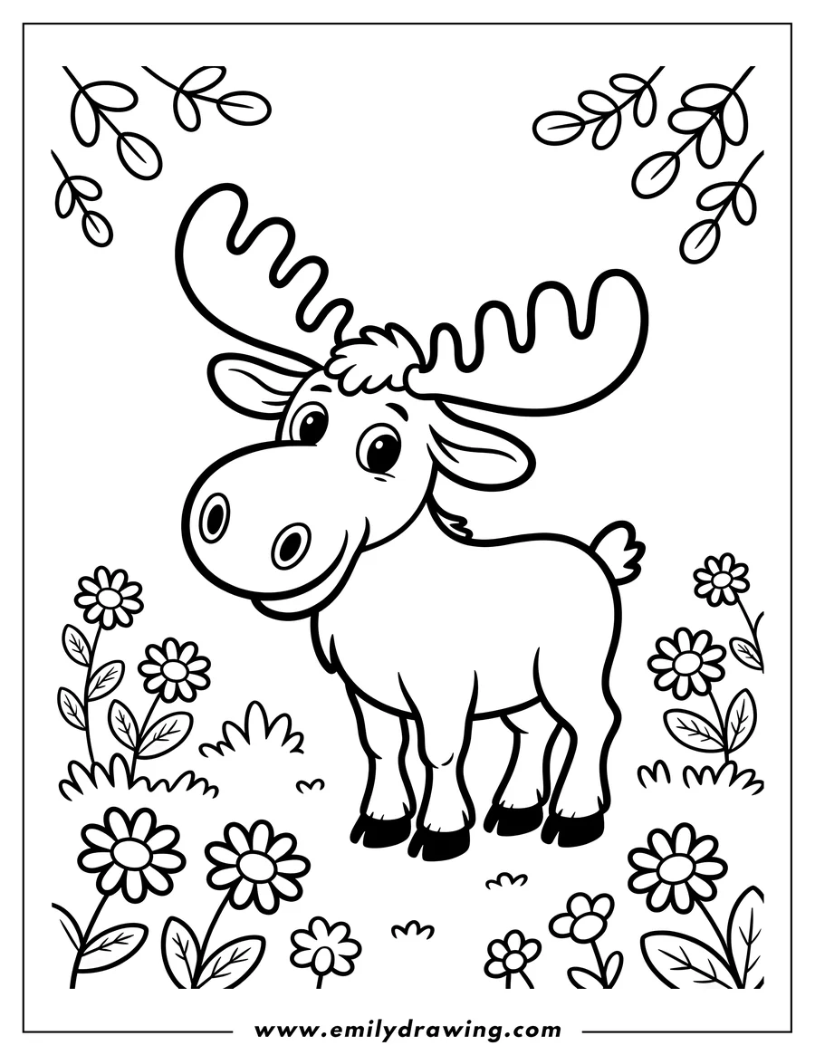 Outline of a friendly moose standing in a patch of daisies and other plants.