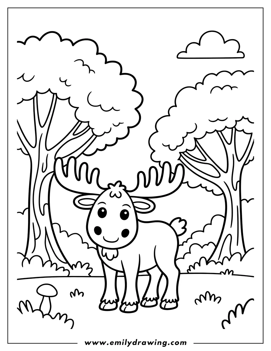 Outline of a moose standing in a forest setting with trees, bushes, grass, and a mushroom. The moose has large antlers.