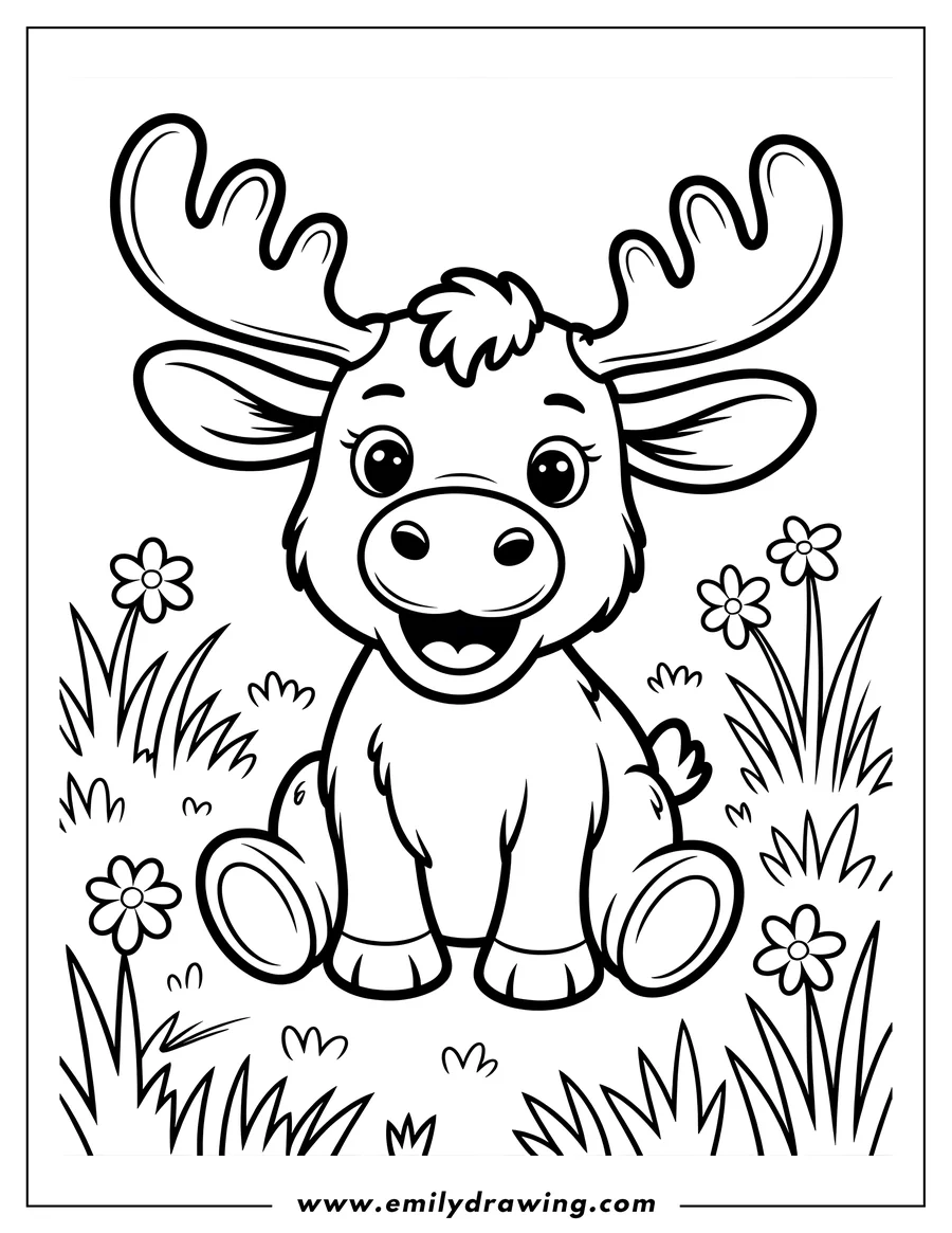 Outline of a happy moose sitting in the grass surrounded by flowers.