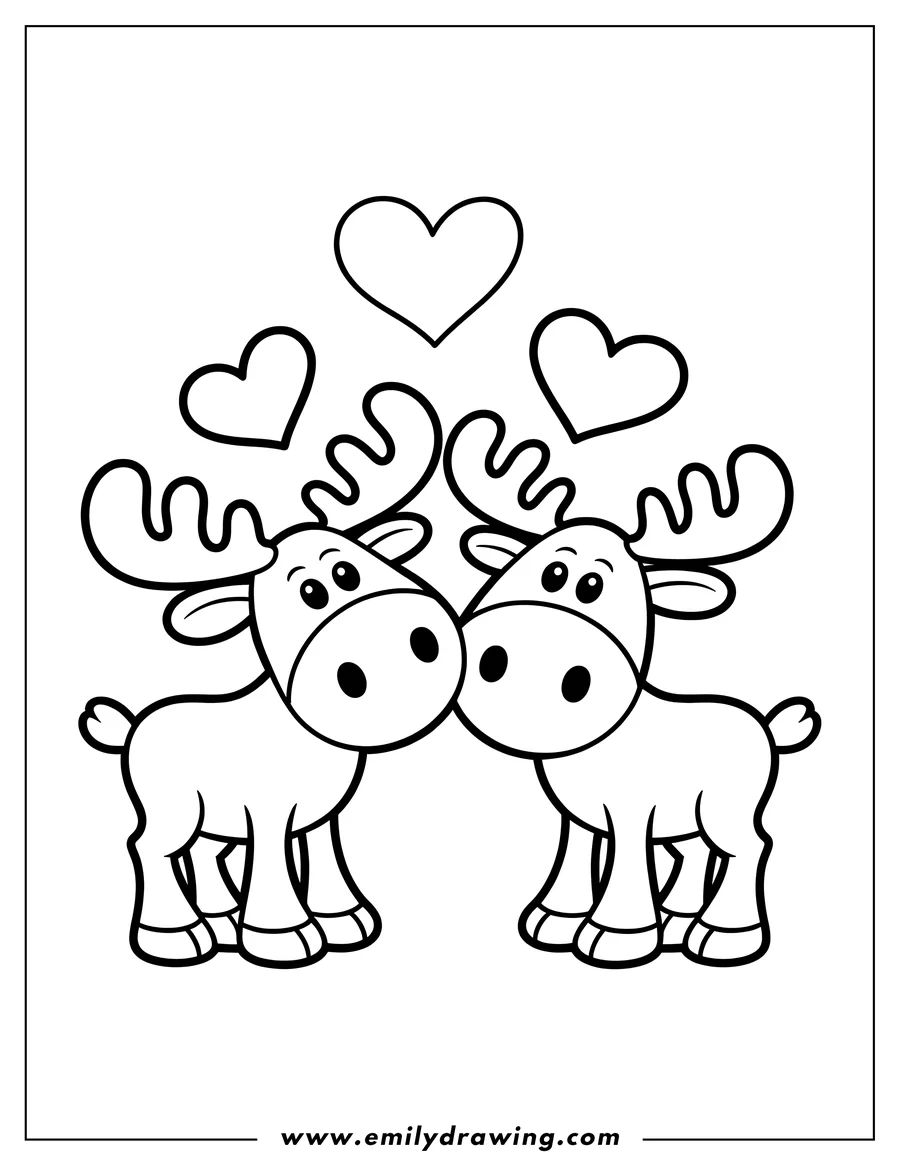 Line art of two moose standing close together with hearts above them, suggesting a loving scene.