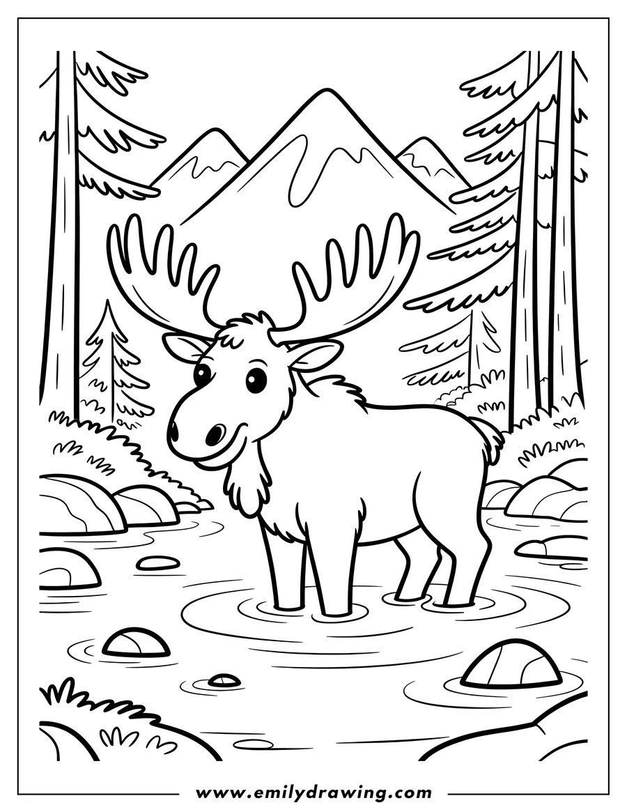 Line art of a moose standing in shallow water near a forest with mountains in the background.