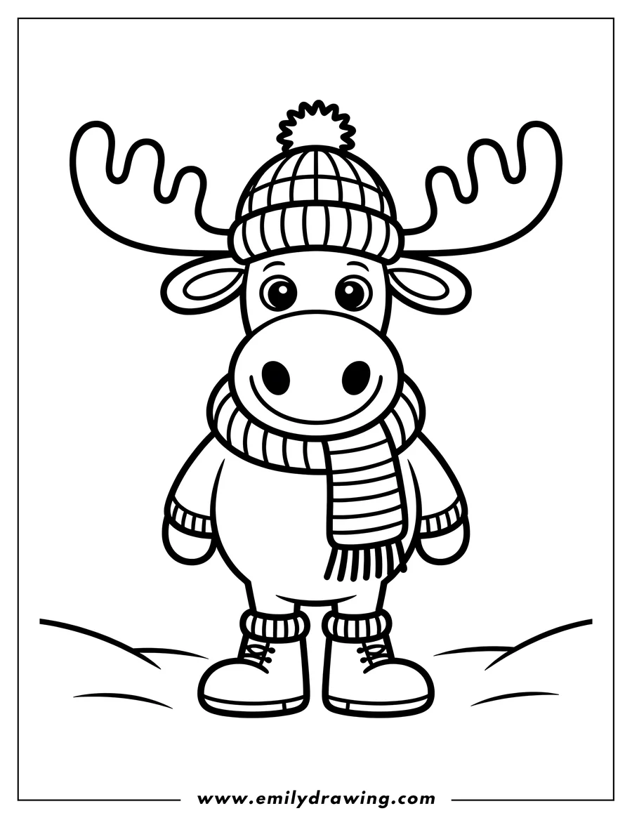 Outline of a moose wearing a winter hat, scarf, and boots, standing in the snow.