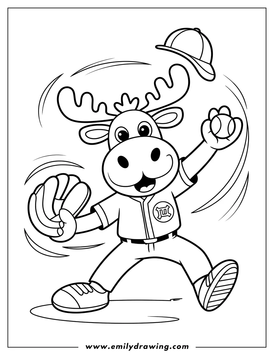 Line art of a moose playing baseball. The moose is wearing a baseball uniform, throwing a ball, and its hat is flying off its head.