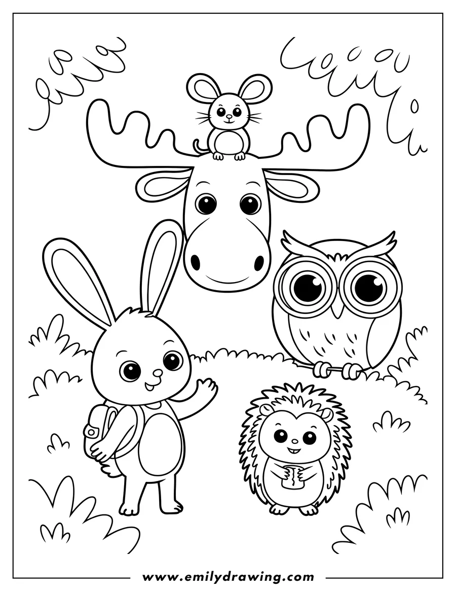 Line art illustration of four forest friends: a moose with a mouse on its head, a rabbit with a backpack, an owl perched on a branch, and a hedgehog holding a book.
