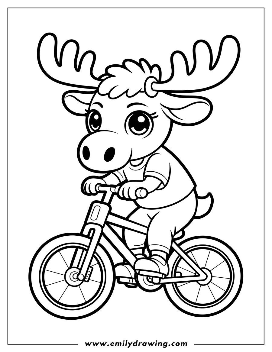 Outline of a cheerful moose riding a bicycle.