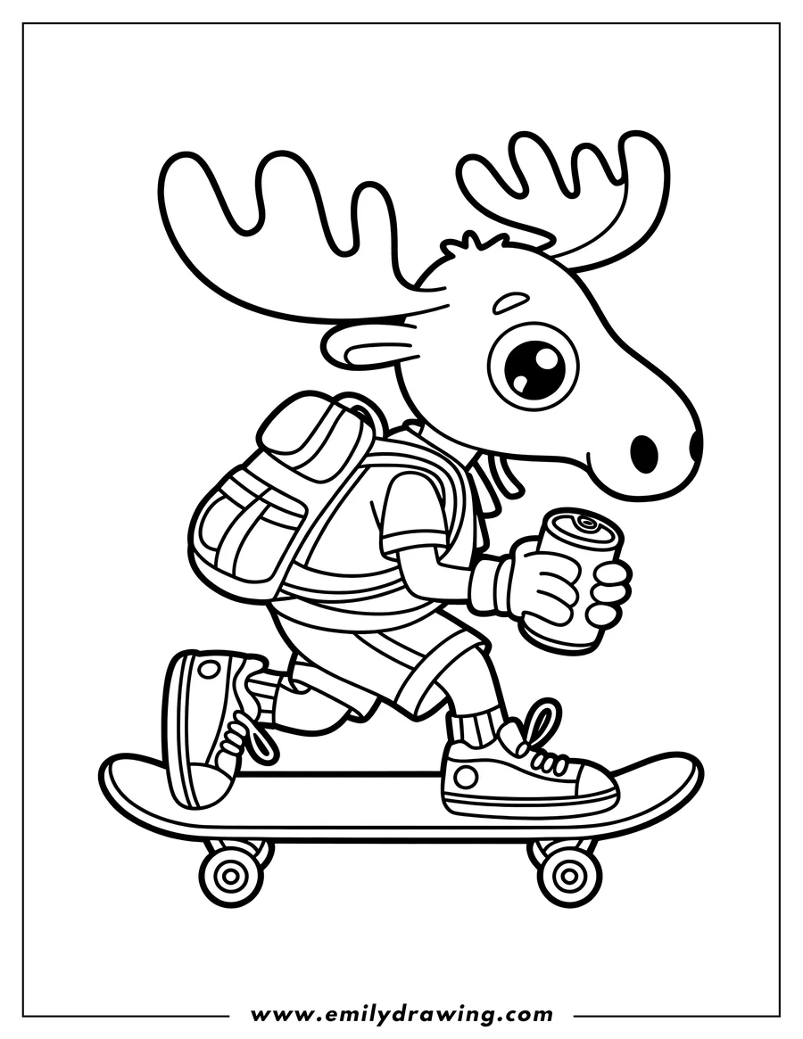 Line art of a moose riding a skateboard while holding a can. He's wearing a backpack.