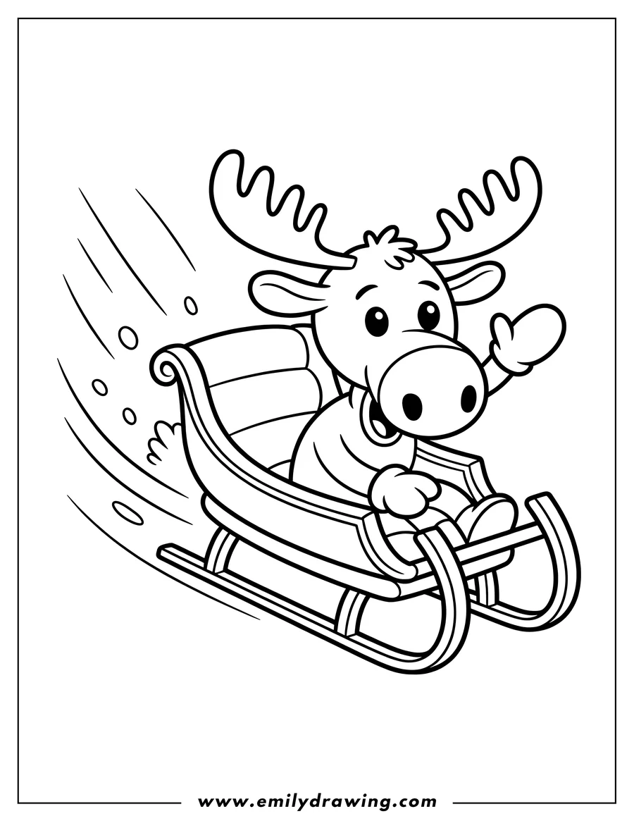 Line art of a moose riding a sled and waving.  He looks happy as he slides down the snow.