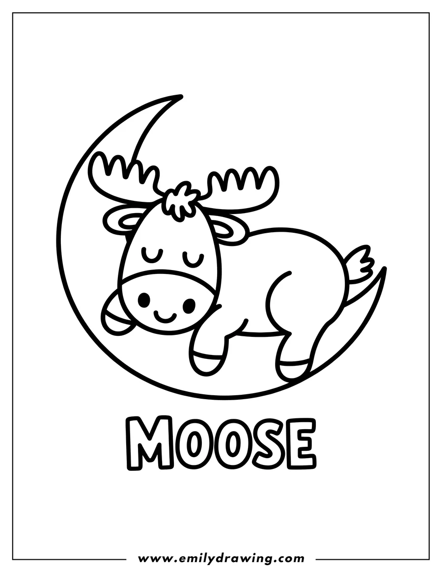 Outline of a moose sleeping peacefully on a crescent moon.