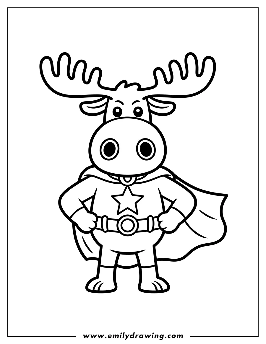 Outline of a moose wearing a superhero costume with a star on the chest and a cape.