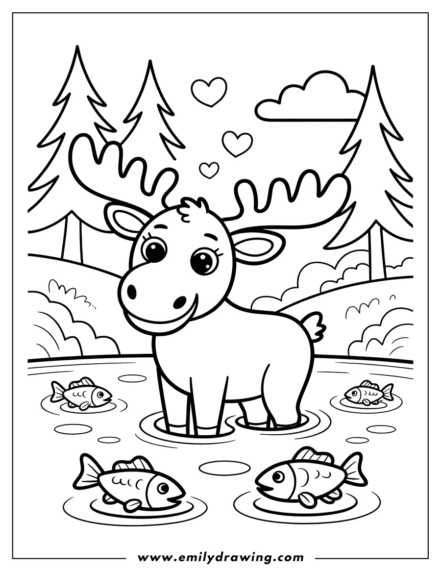 Outline of a moose wading in shallow water surrounded by small fish, with trees and a cloudy sky in the background.