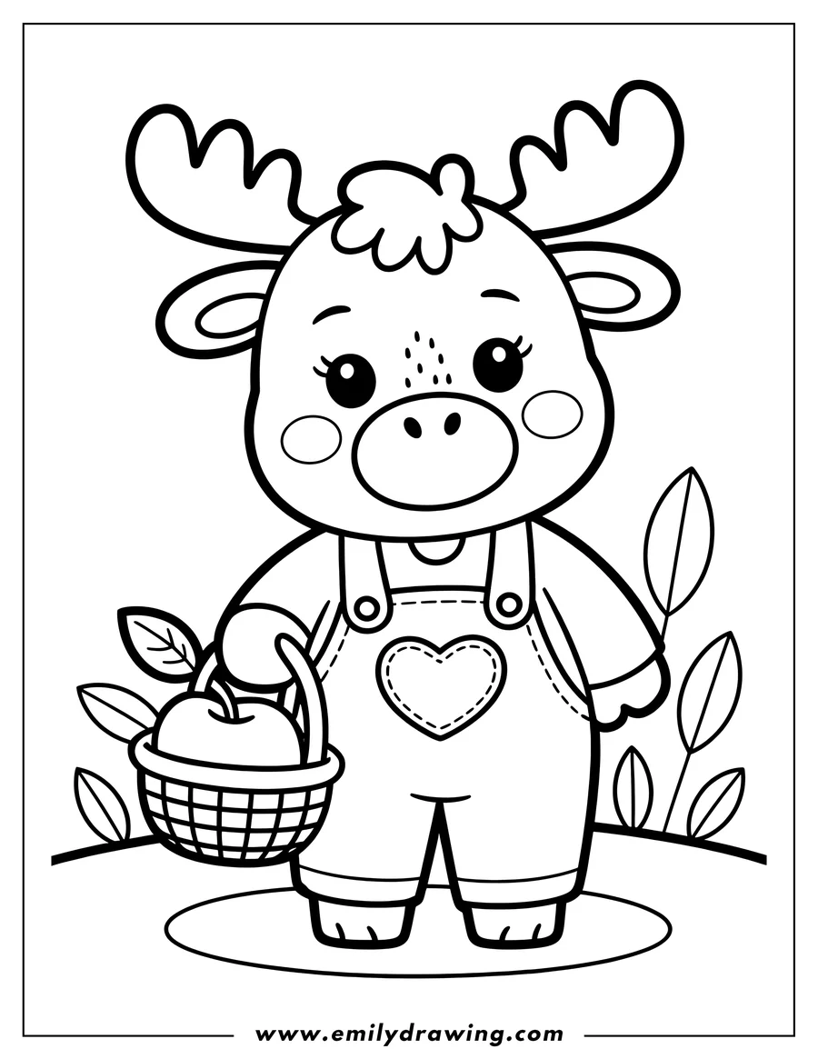 Outline of a moose wearing overalls and holding a basket with an apple.