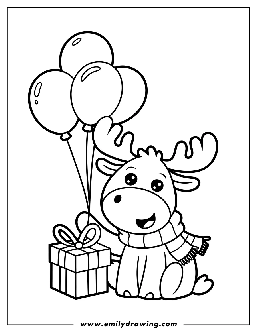 Outline of a moose wearing a striped scarf, holding three balloons and sitting next to a wrapped gift.