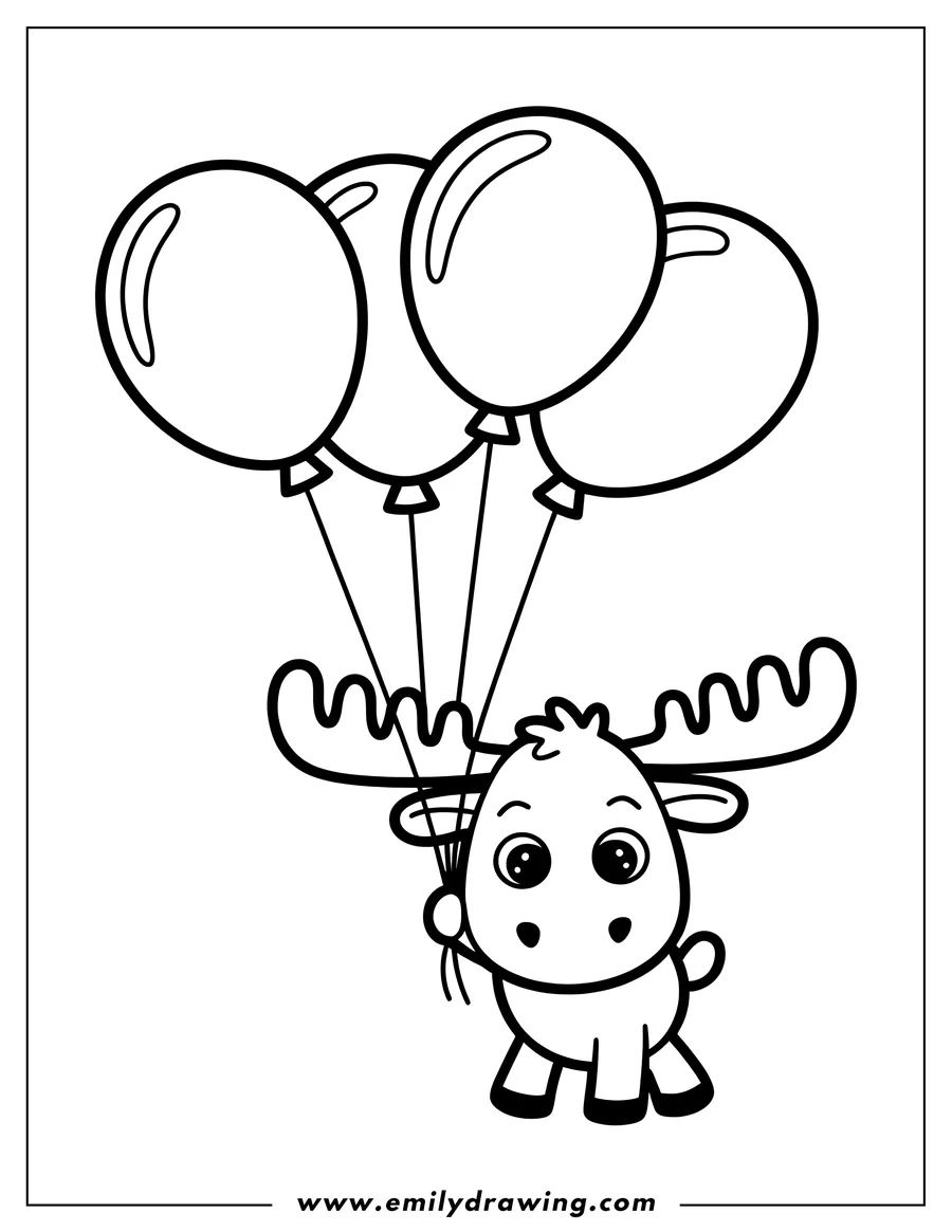 Line art of a moose holding four balloons. The moose has large antlers and big, cute eyes.