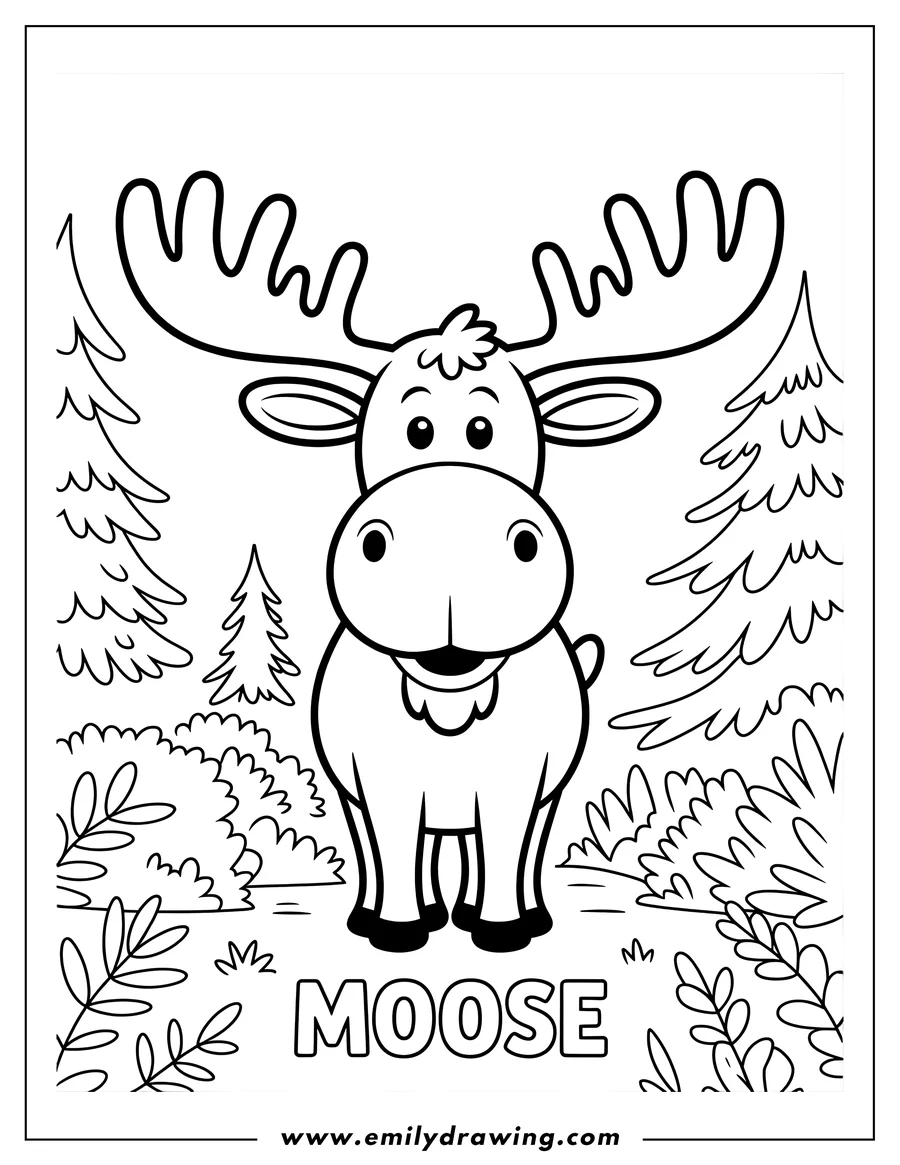 Line art of a moose with large antlers standing in a forest setting.