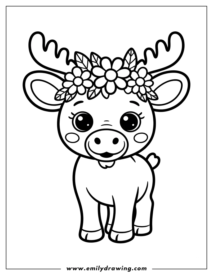 Outline of a moose wearing a crown of flowers.