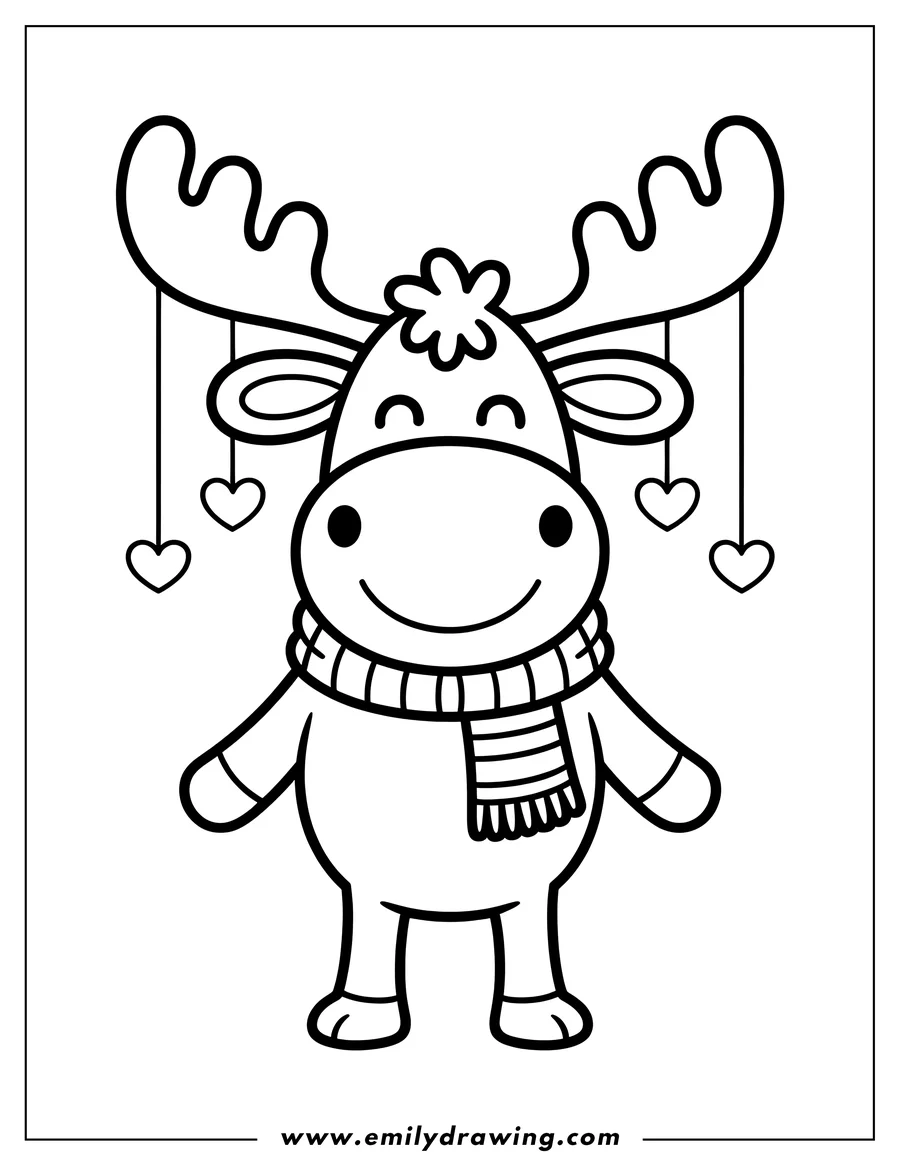 Outline of a moose wearing a striped scarf with hearts hanging from its antlers.