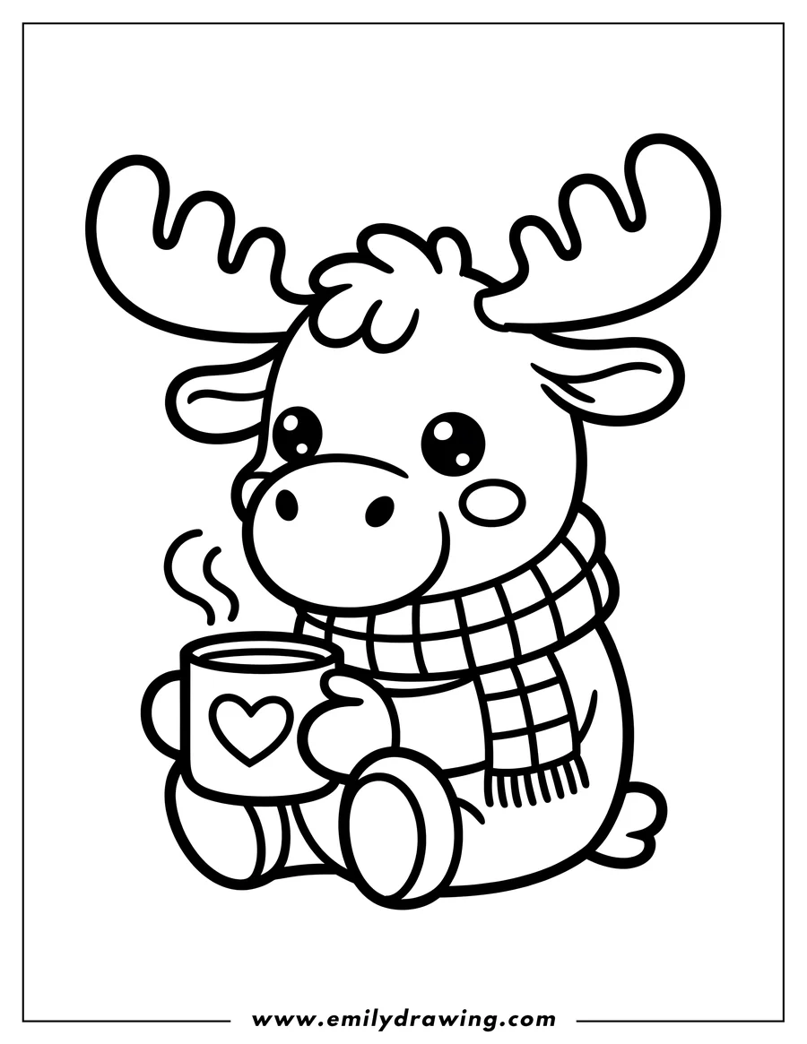Outline of a moose sitting and holding a mug of hot cocoa. The moose is wearing a checkered scarf.