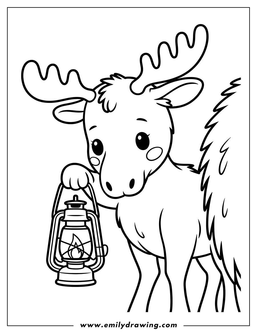 Outline of a moose holding a lantern. The lantern has a flame inside.