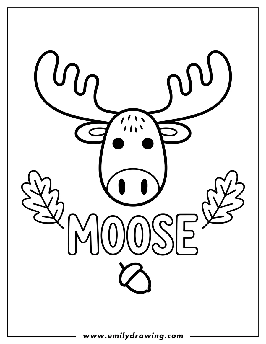 Line art of a moose head with large antlers, framed by oak leaves and an acorn below.