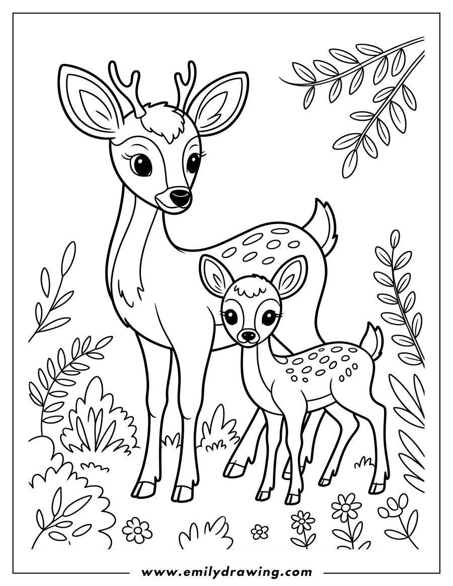 Line art of a mother deer and her spotted fawn standing together in a field with flowers and leaves.