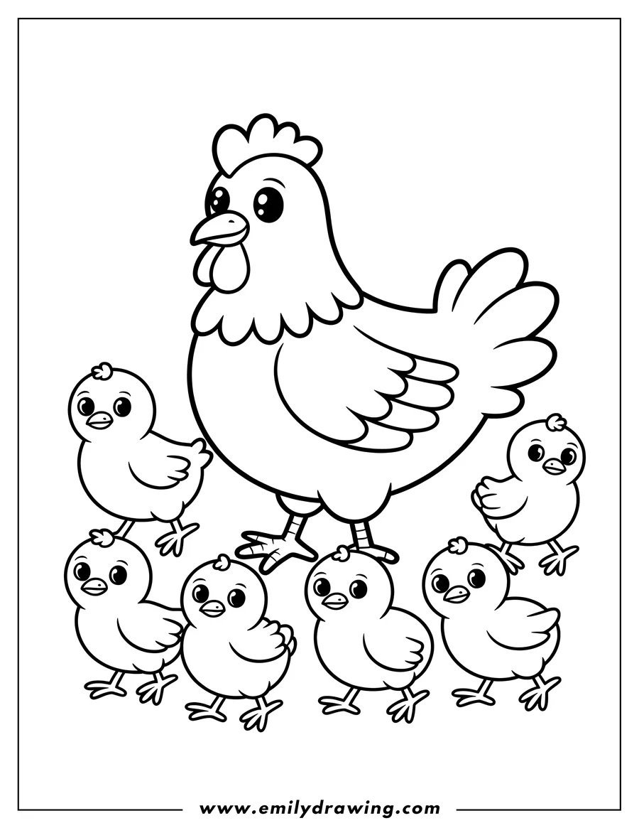 Line art of a mother hen surrounded by her six baby chicks.  They all have big, friendly eyes.