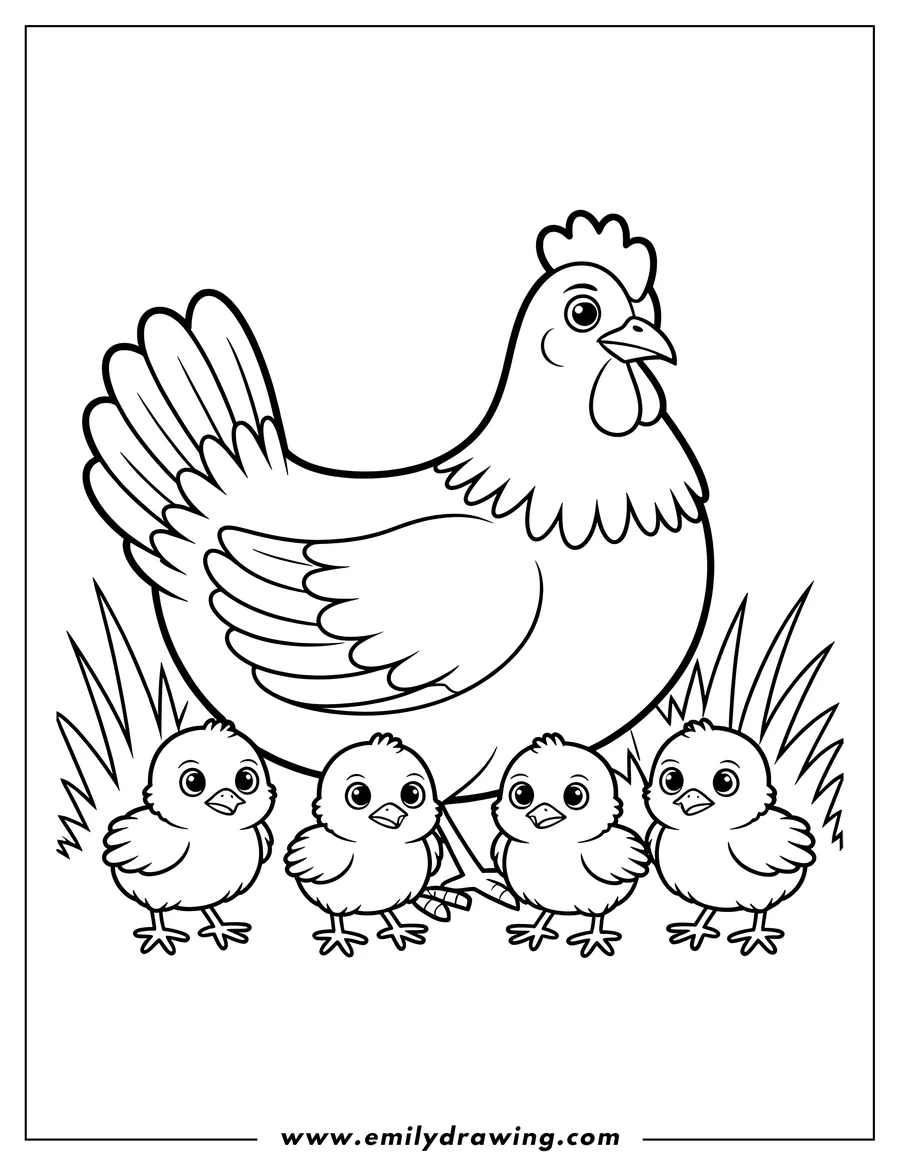 Outline of a mother hen with four baby chicks near some grass. Perfect for a farm animal coloring activity.