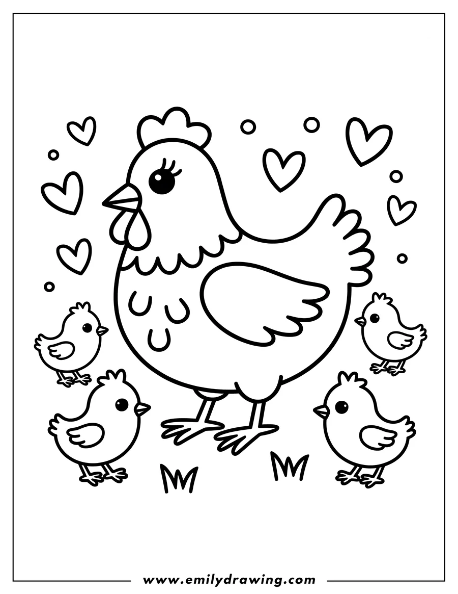 Line drawing of a mother hen with three small chicks.  There are hearts scattered in the background.