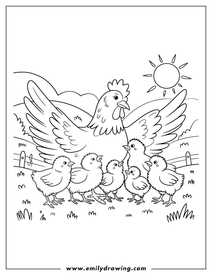 Outline of a mother hen with outstretched wings protecting her five chicks on a sunny day near a fence.