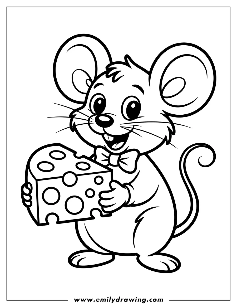 Line art of a cheerful mouse wearing a bow tie and holding a wedge of Swiss cheese.