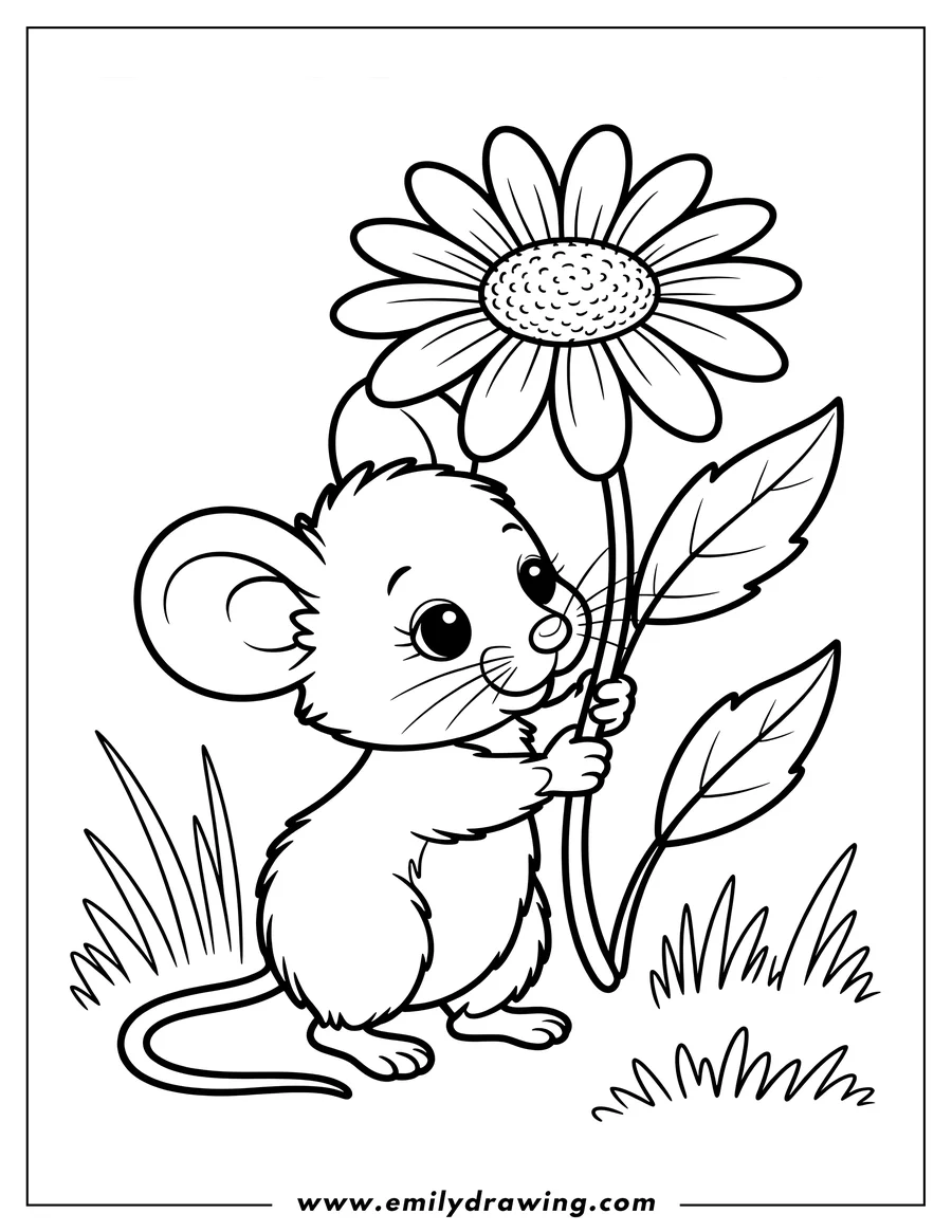 Outline of a mouse holding a large daisy flower in a grassy area.
