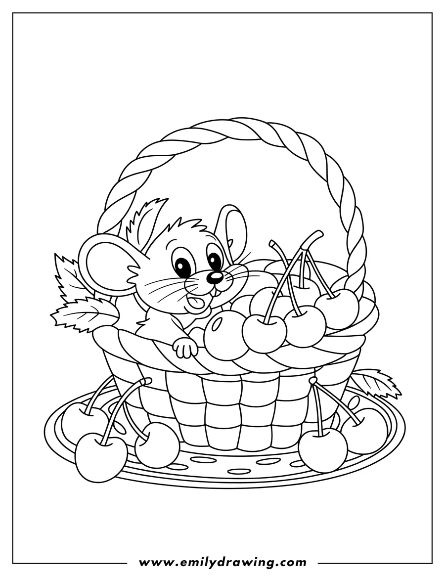 Line art of a mouse sitting in a basket of cherries.  A few extra cherries sit on a plate below.