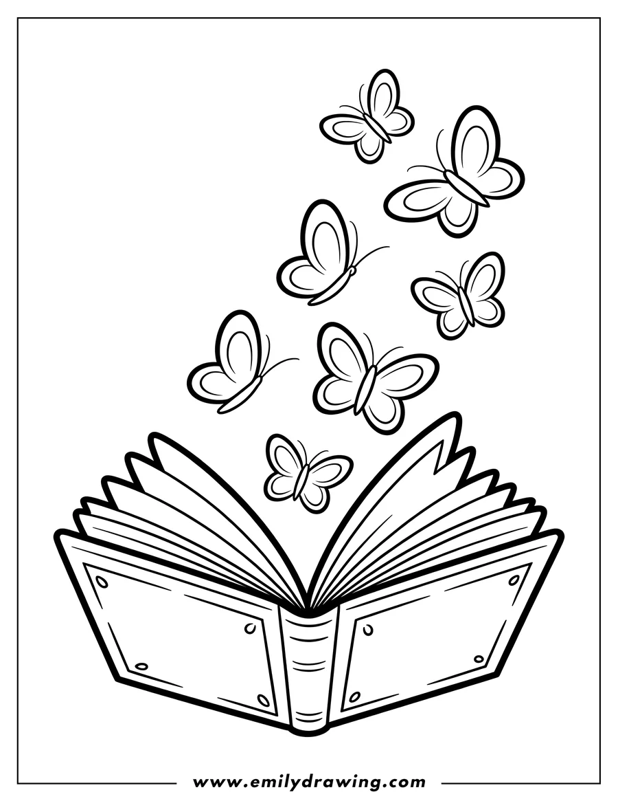 Outline of an open book with several butterflies flying out from its pages.