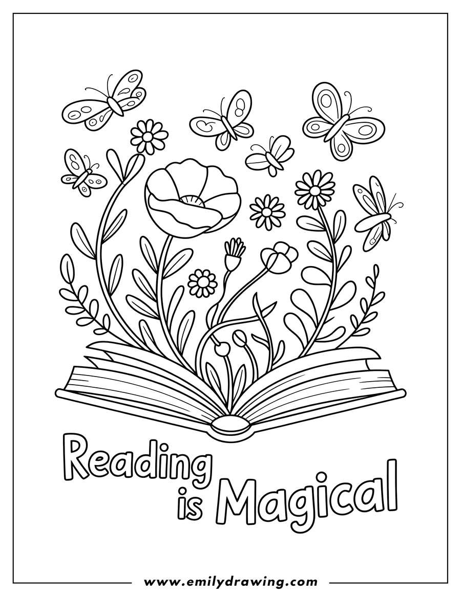 Outline of an open book with flowers and butterflies growing from its pages. The words 