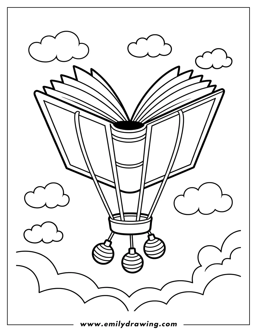 Line art of an open book transformed into a hot air balloon, floating amongst clouds.