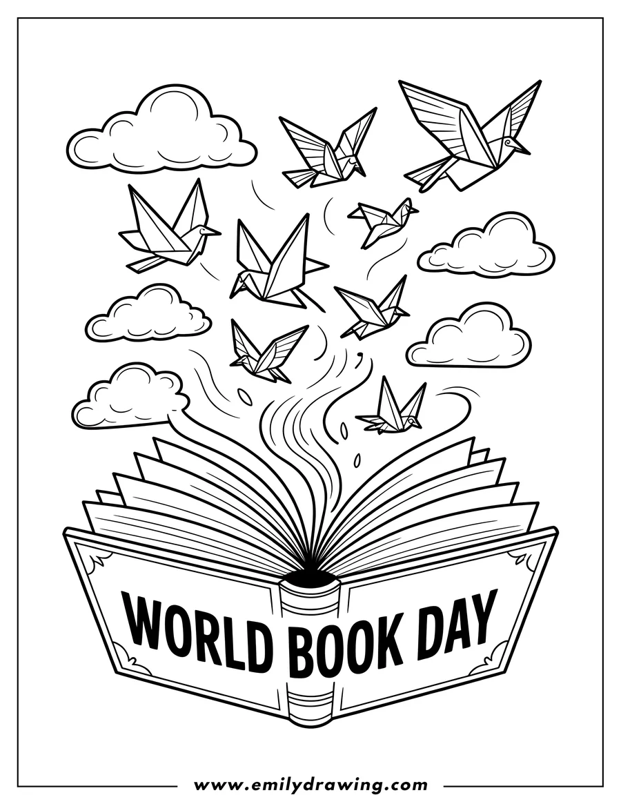 Line art of an open book with origami birds flying out and clouds above. The cover says 'World Book Day'.