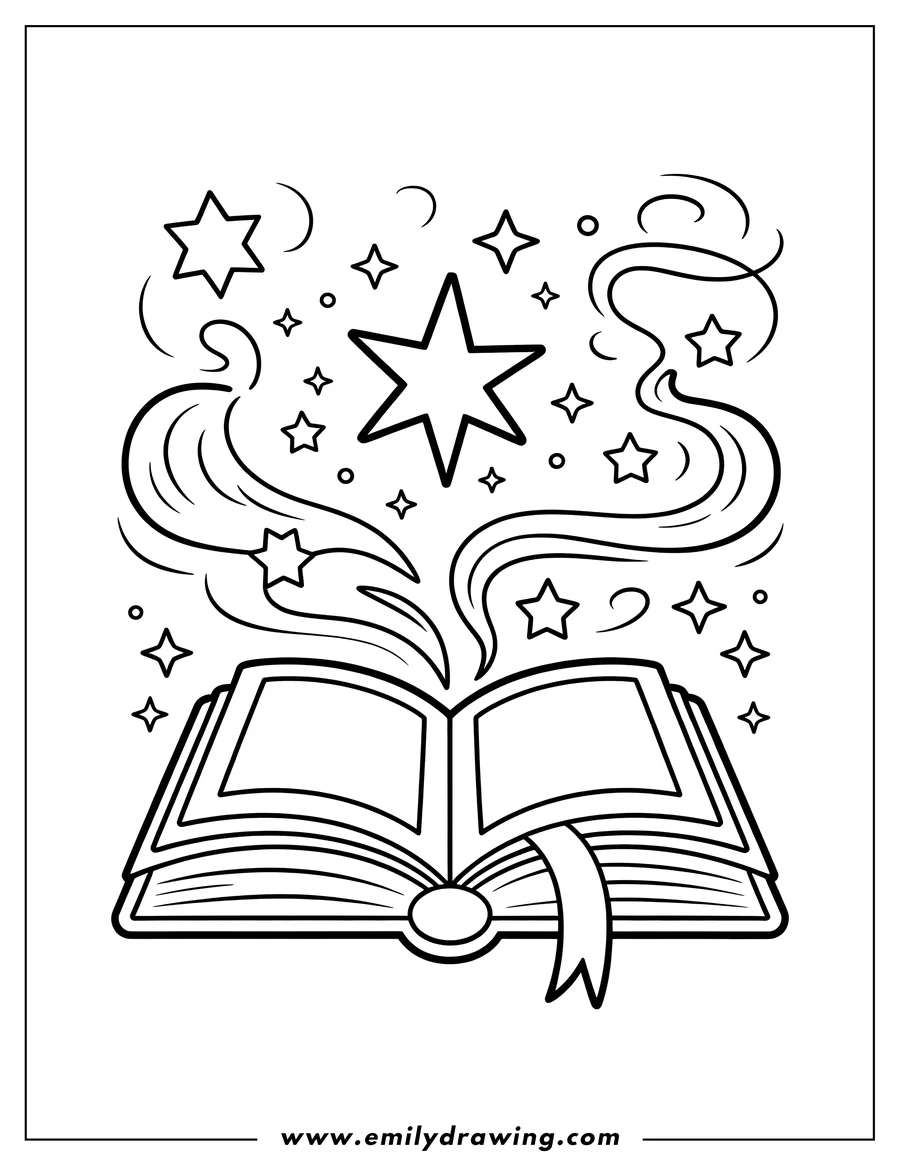 Outline of an open book with stars and swirls rising from its pages.