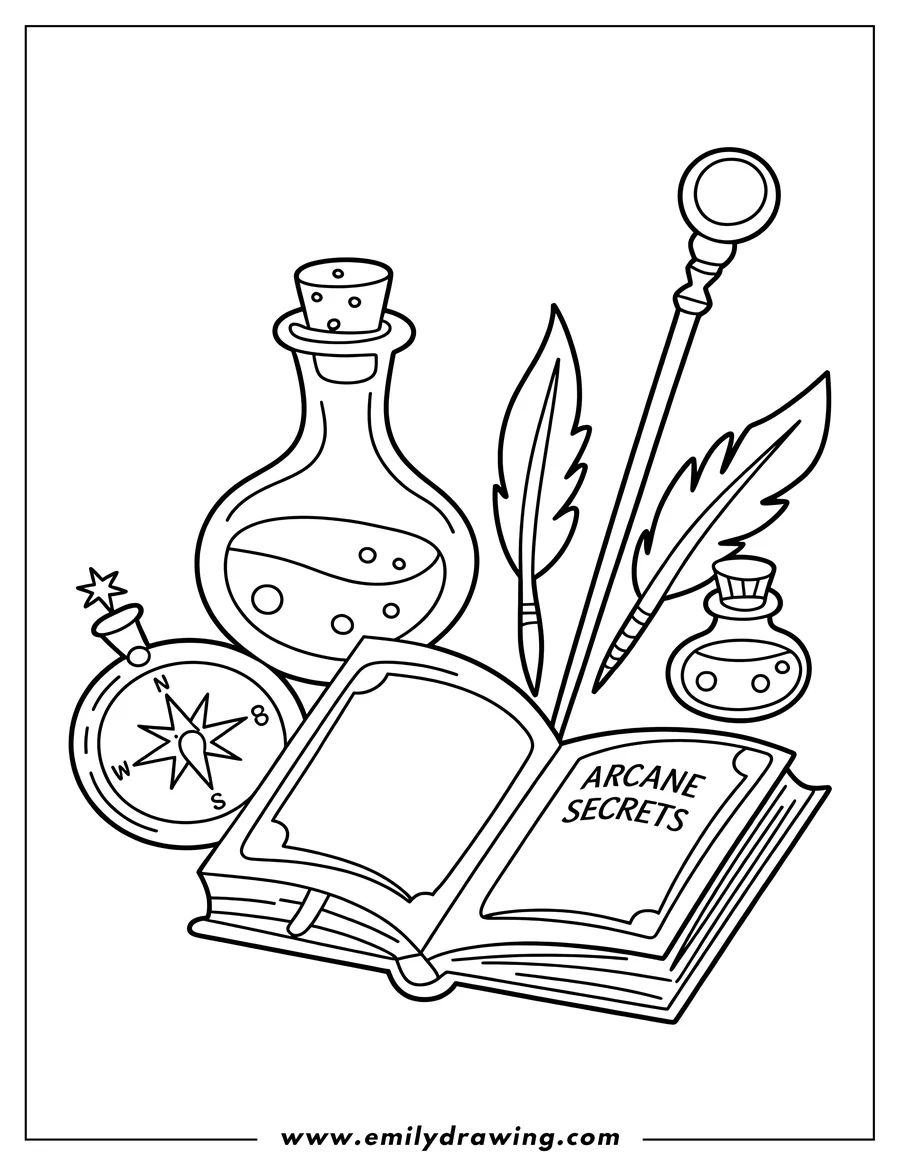 Line art of an open book surrounded by a compass, quill pens, bottles of potion, and a staff.