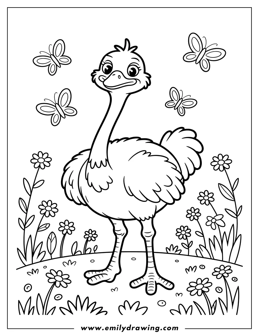 Outline of an ostrich with butterflies flitting around it, standing in a field of flowers.