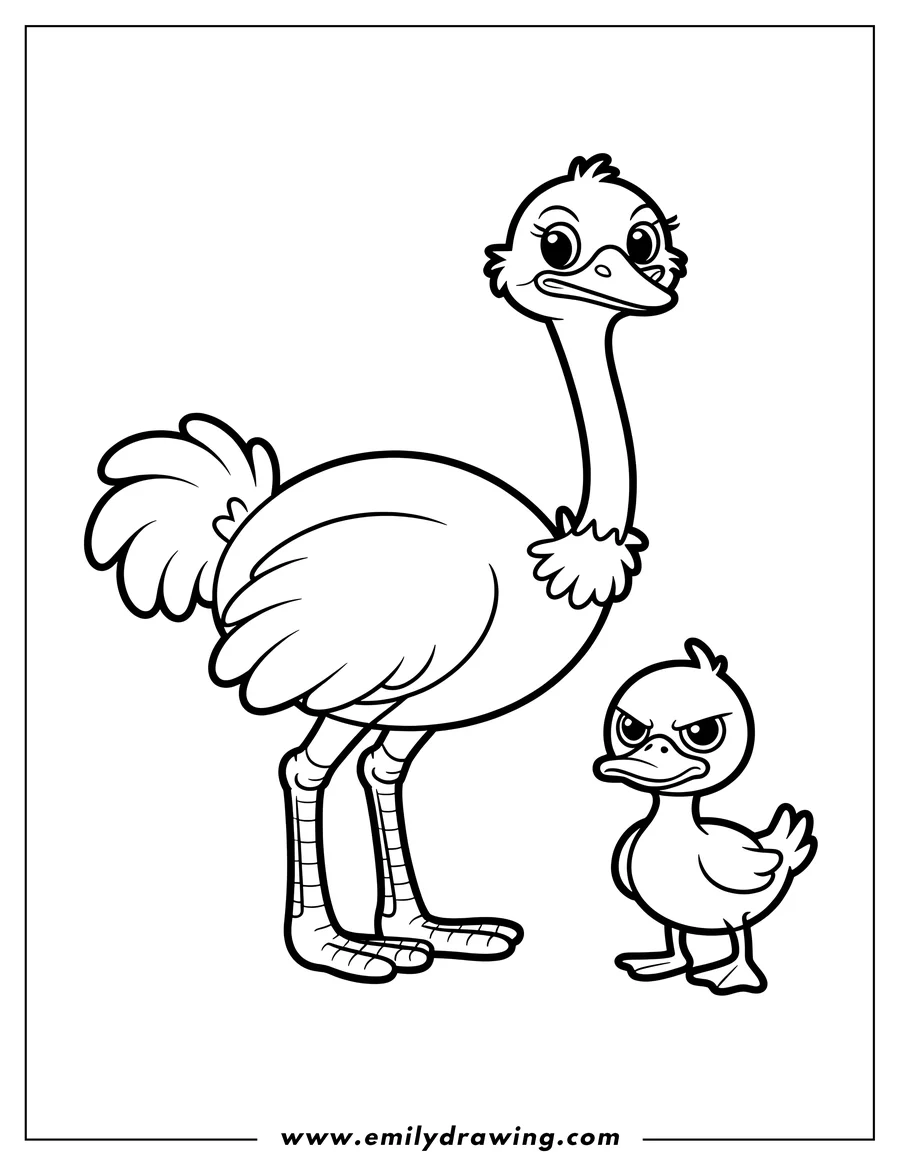 Outline of an ostrich and a duckling standing side by side.
