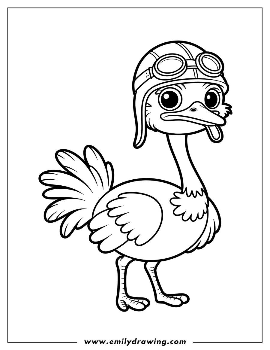 Outline of an ostrich wearing an aviator helmet and goggles, tongue sticking out playfully.