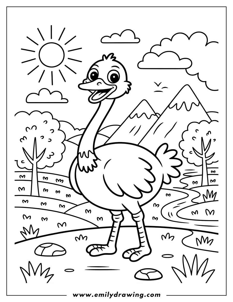 Line art of an ostrich standing near a river with mountains in the background.