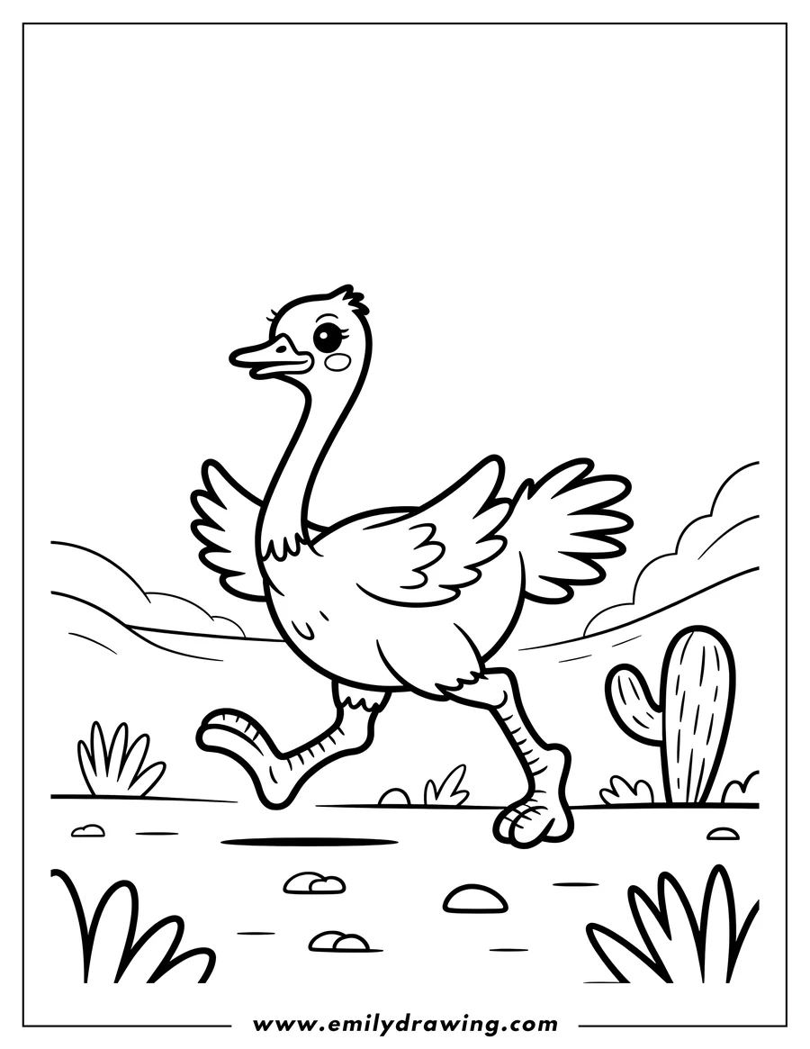 Outline of an ostrich walking near a cactus in a desert setting.  Small rocks and desert plants dot the landscape.