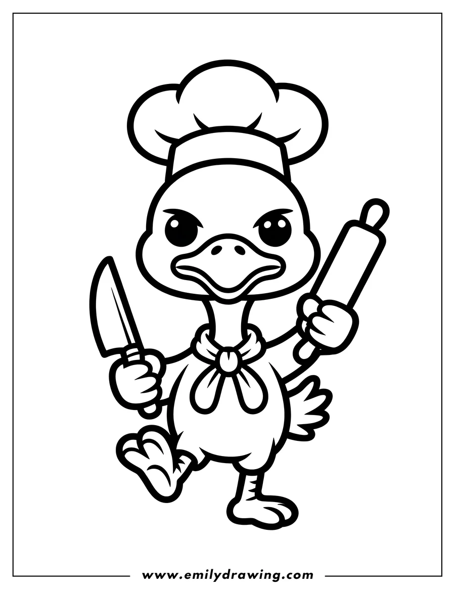 Line art of an ostrich dressed as a chef, holding a rolling pin and a knife.